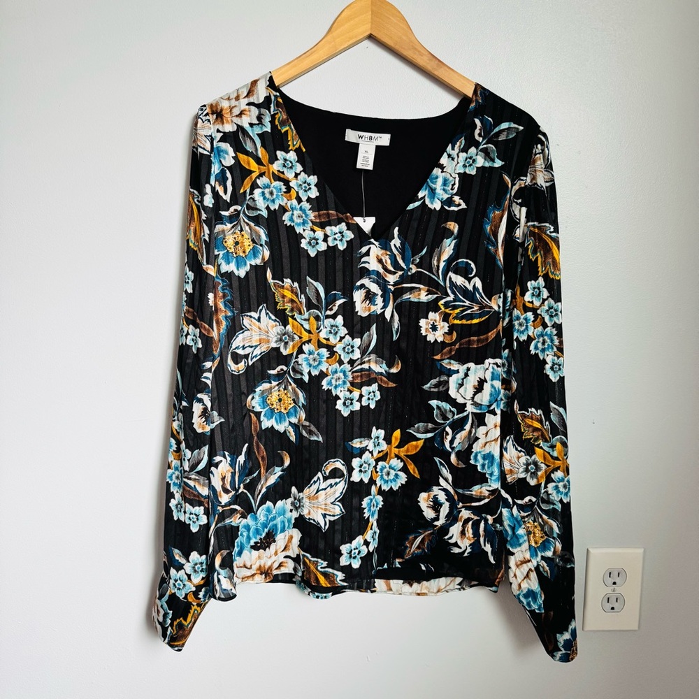 NWT White House Black Market Shadow Stripe Floral Blouse Black Teal XL